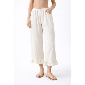 Vintage Cactus Flower Ivory Ruffle Hem Pants Women Boho Cottagecore USA M